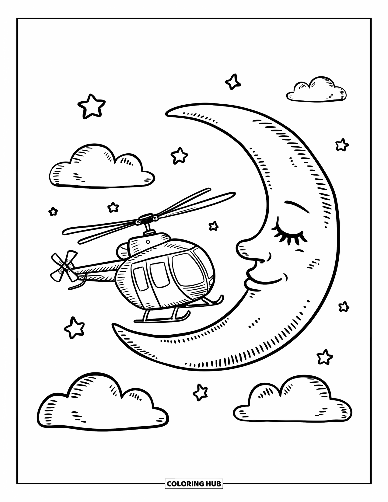 Helicopter Coloring Page for Adults: A small helicopter hovers near a sleepy crescent moon, glowing among soft clouds and tiny stars