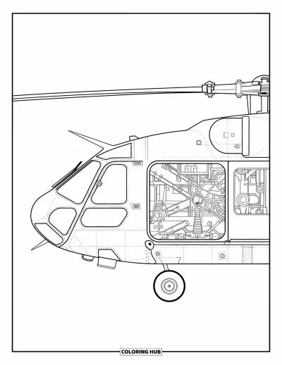 Fargeleggingsark med helikopter for voksne: En teknisk tegning sett fra siden av et helikopter som viser den mekaniske strukturen og rotorsystemet