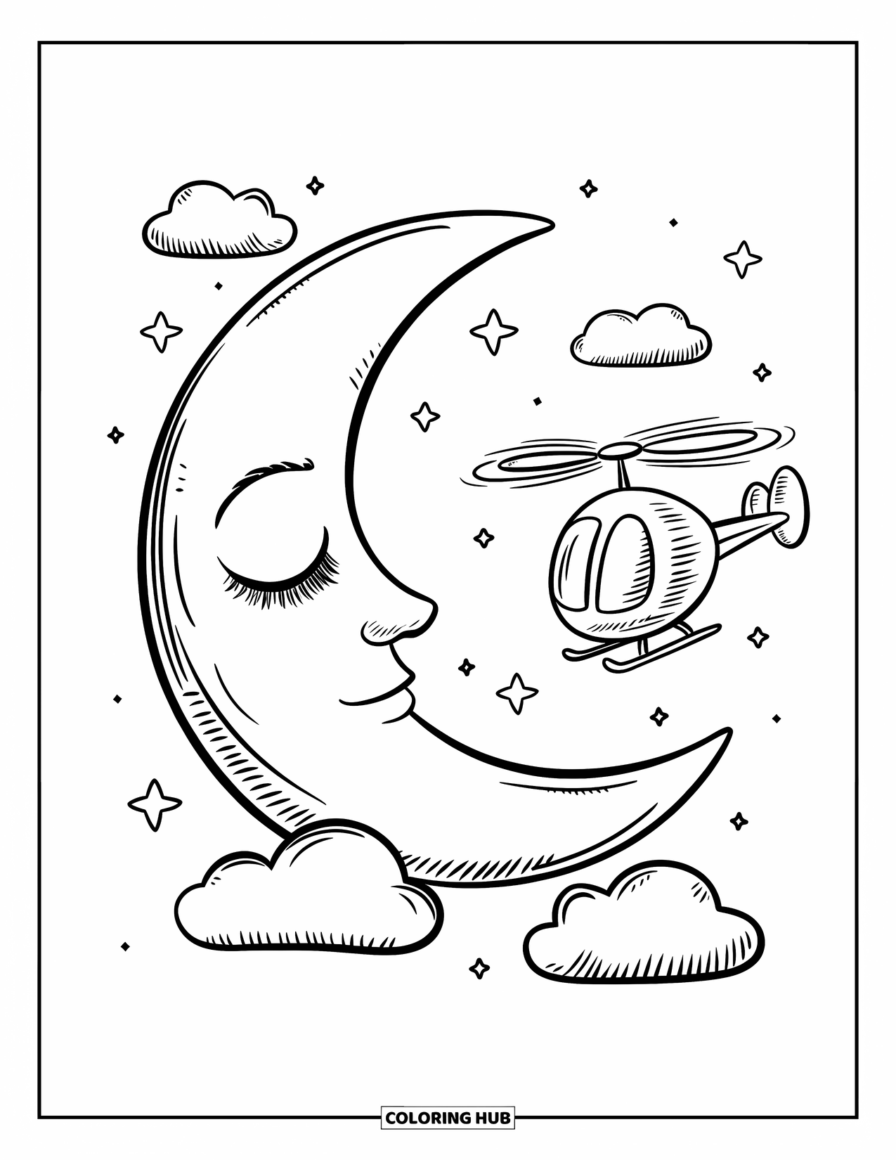 Helicopter Coloring Page for Adults: A tiny helicopter floats beside a dreamy crescent moon, surrounded by twinkling stars and cloud pillows