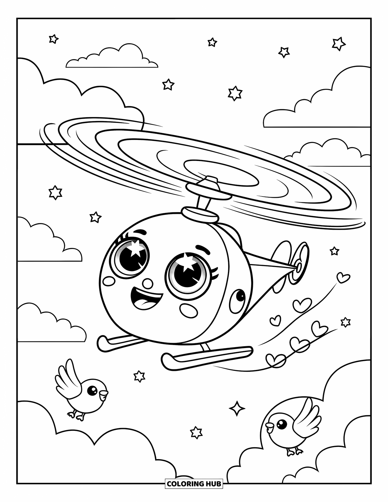 Helicopter Coloring Page for Adults: A tiny helicopter with a happy face glides through a sky filled with stars, clouds, and hearts