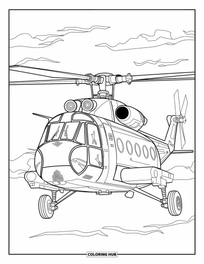 Fargeleggingsark med helikopter for voksne: Et vintage militærhelikopter med intrikate mekaniske detaljer flyr gjennom en sky-fylt himmel