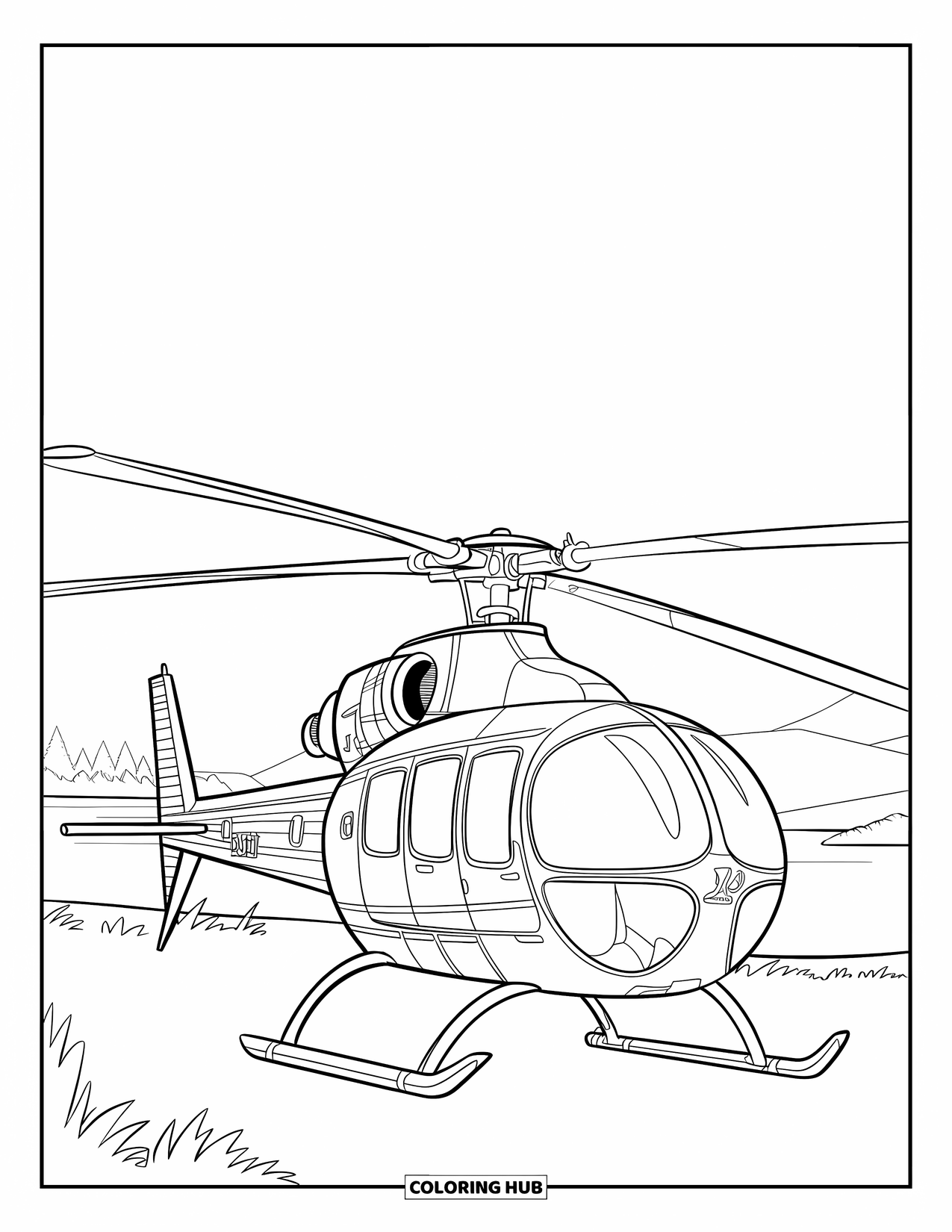 Helicopter Coloring Page for Kids: A 1960s helicopter with a bubble canopy flies over a scenic landscape with mountains and water