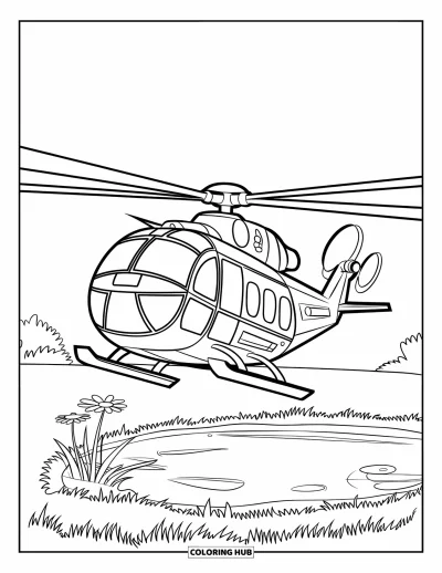 Fargeleggingsark med helikopter for barn: Et helikopter med tydelige konturer som svever over et grønt landskap med blomster og en dam