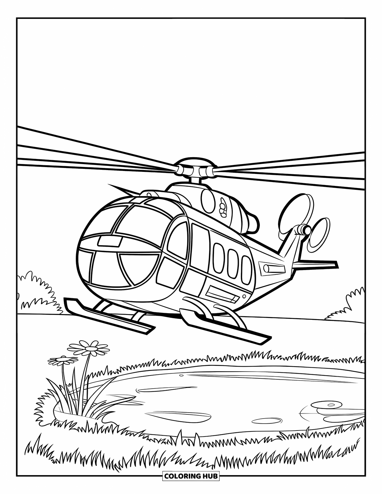 Helicopter Coloring Page for Kids: A bold-outlined helicopter hovering over a grassy landscape, with flowers and a pond