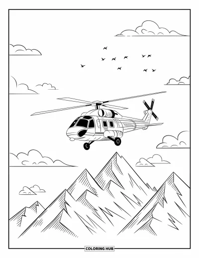 Fargeleggingsark med helikopter for barn: Et helikopter med tydelige konturer på himmelen, med høye fjell og myke skyer
