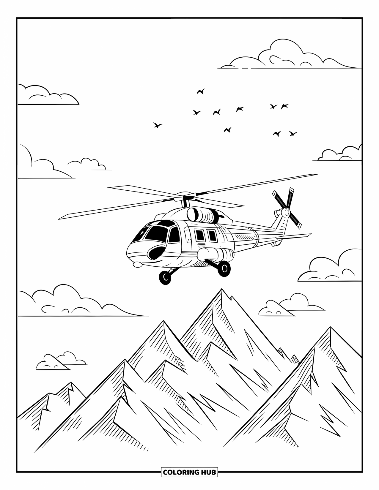Helicopter Coloring Page for Kids: A bold-outlined helicopter in the sky, with towering mountains and fluffy clouds