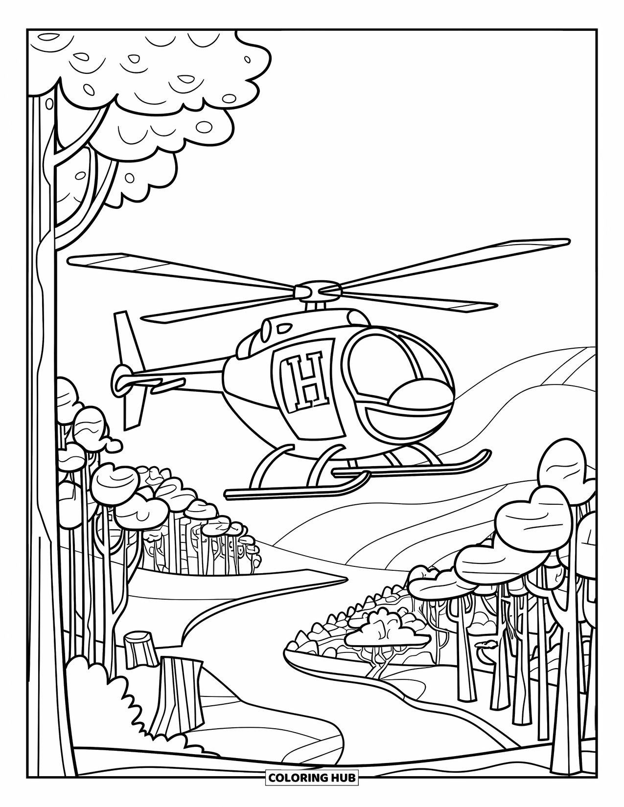 Helicopter Coloring Page for Kids: A bold-outlined helicopter with an "H" on its side, soaring over trees and water