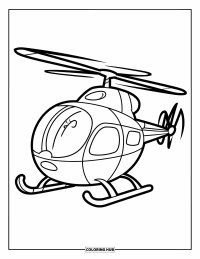Fargeleggingsark med helikopter for barn: Et helikopter med boblvinduer og snurrende rotor, med store og enkle fargeseksjoner