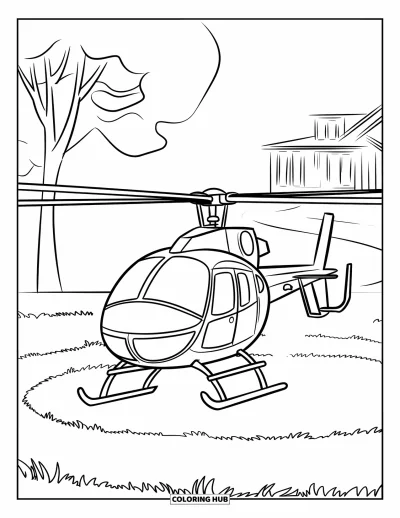 Fargeleggingsark med helikopter for barn: Et tegneserie-helikopter som lander nær et tre og et enkelt hus, omgitt av et åpent jorde