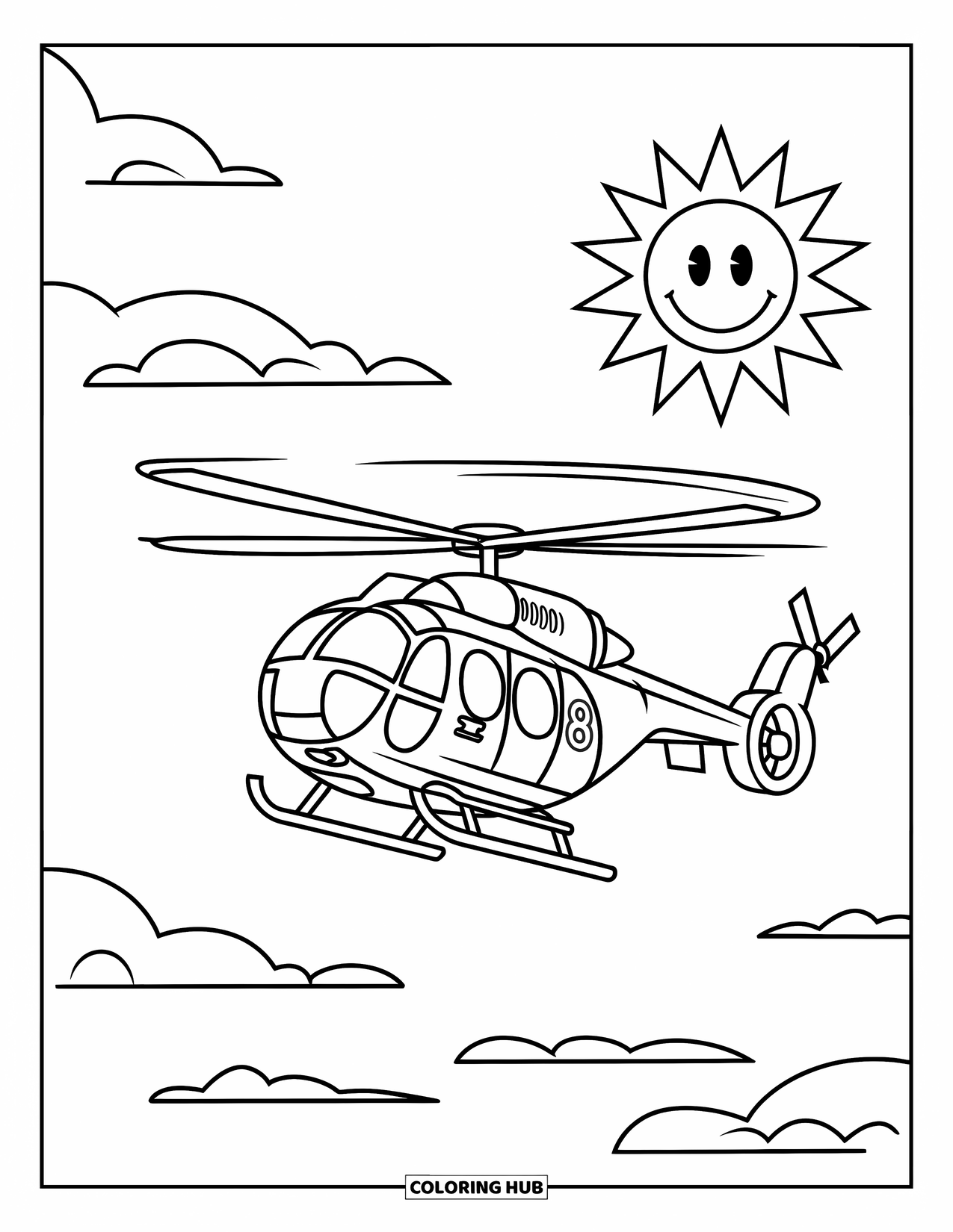 Helicopter Coloring Page for Kids: A cartoon helicopter with a number on its side, flying through a sky with a happy sun
