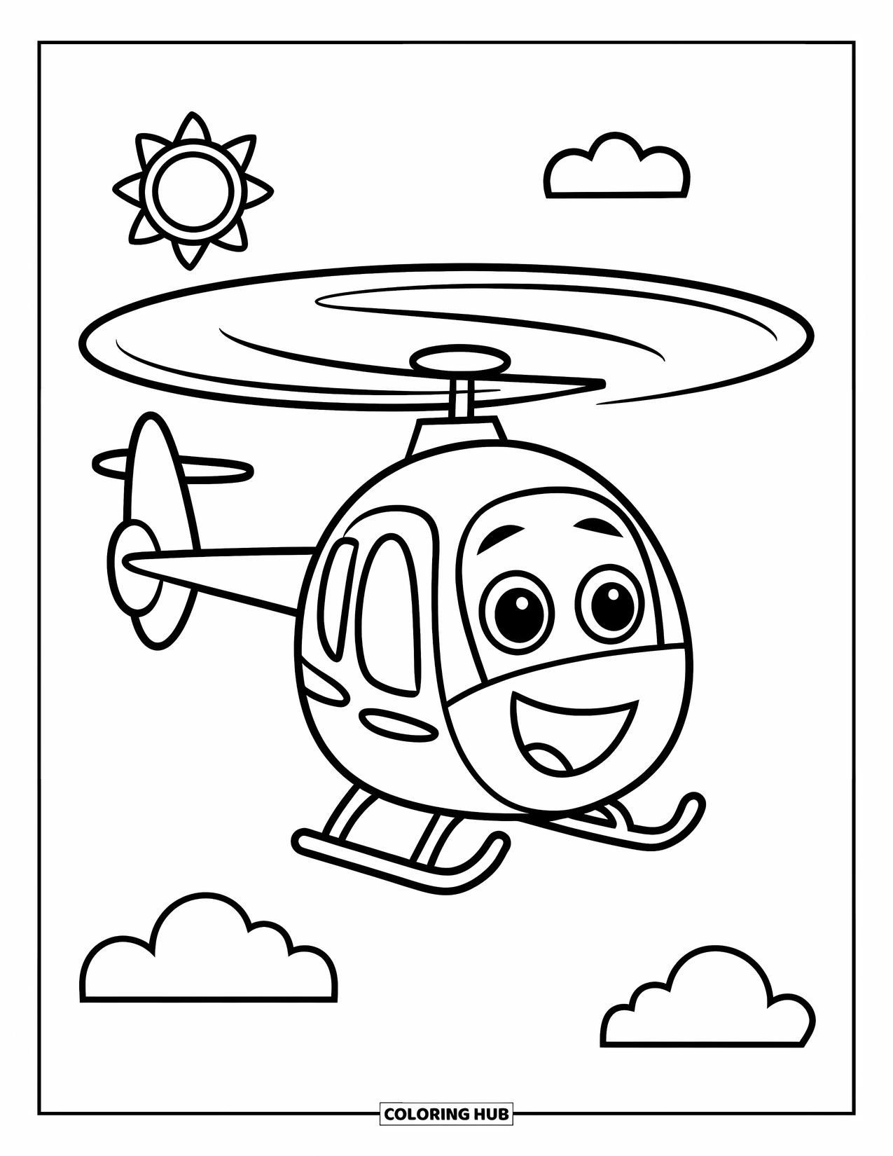 Helicopter Coloring Page for Kids: A cartoon helicopter with bold outlines, soaring under a bright sun and floating clouds