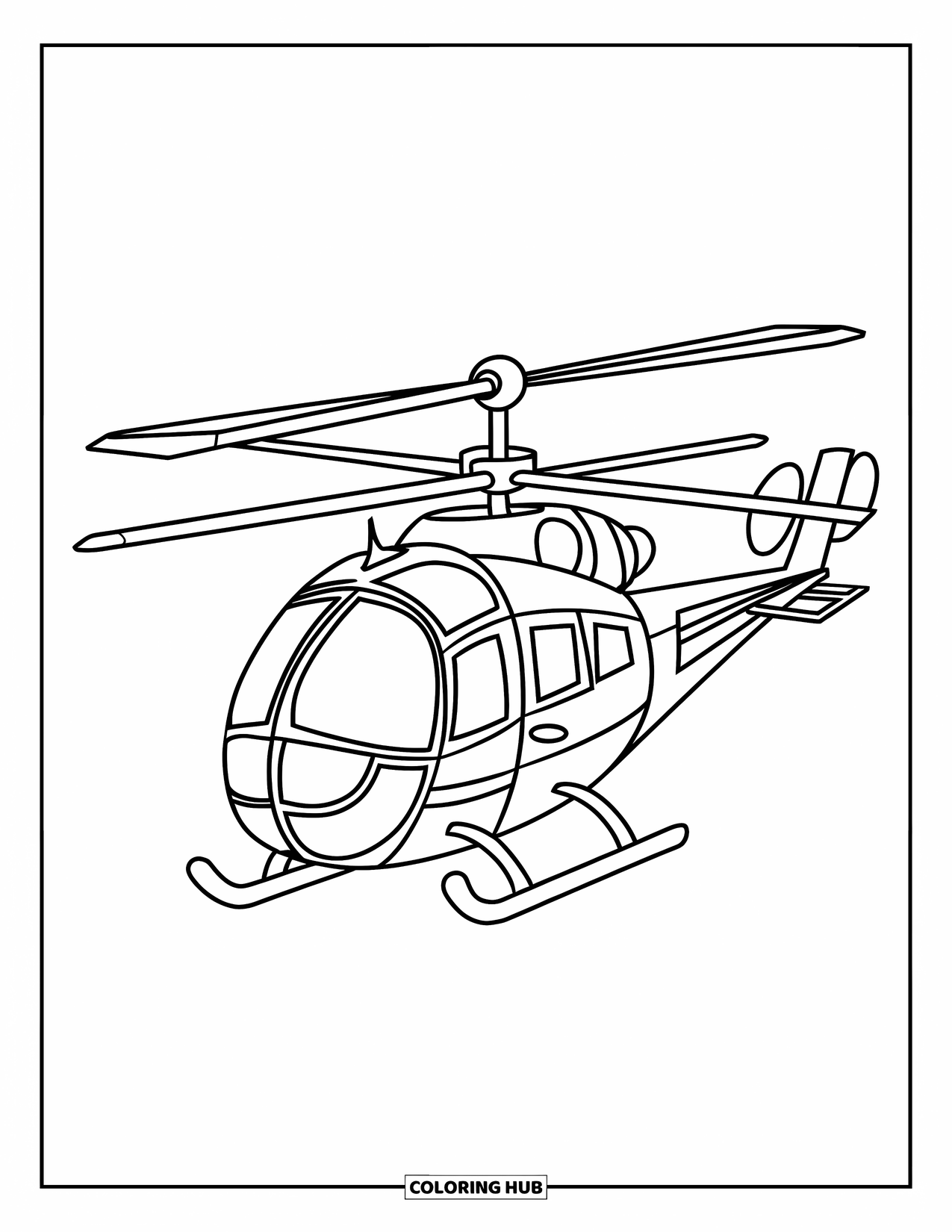 Helicopter Coloring Page for Kids: A cartoon helicopter with two spinning blades, a small cockpit, and a tail rotor, hovering mid-air