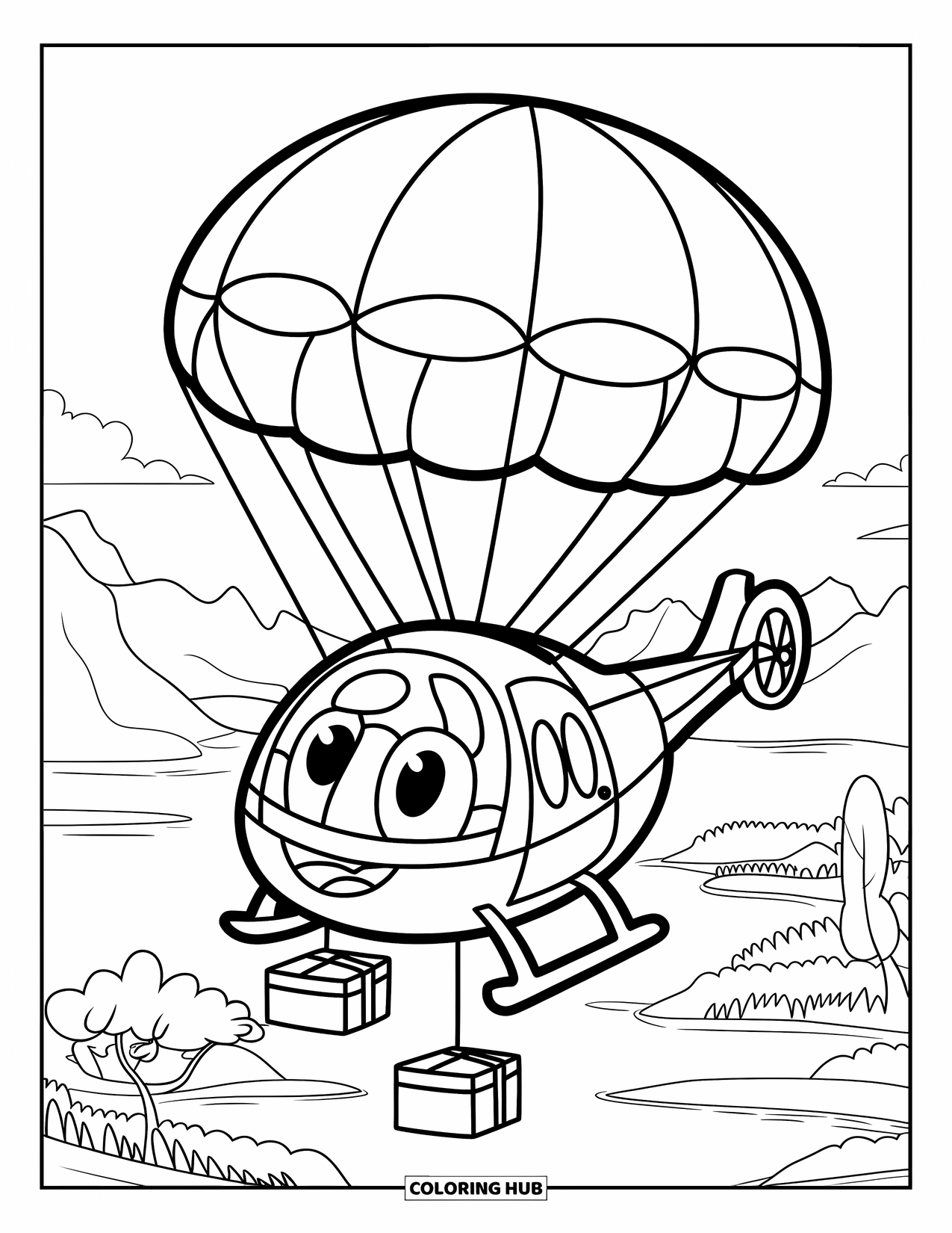 Helicopter Coloring Page for Kids: A cheerful helicopter dropping supplies using a parachute over a mountain landscape