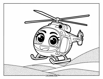 Fargeleggingsark med helikopter for barn: Et chibi-helikopter med store, søte øyne og et smilende uttrykk, som flyter over et prikket landskap