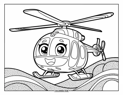 Fargeleggingsark med helikopter for barn: Et søtt tegneserie-helikopter med et glad ansikt, som svever i himmelen med et enkelt og tydelig design