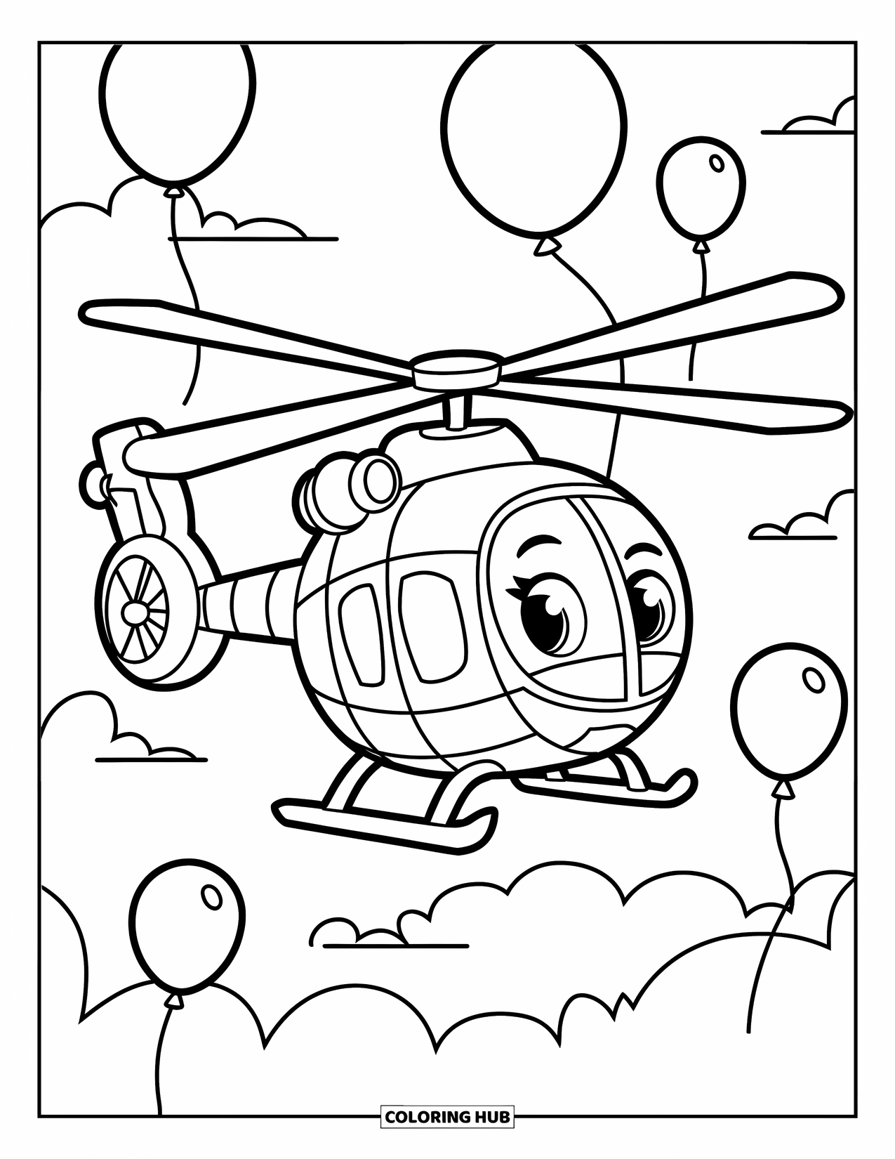Helicopter Coloring Page for Kids: A friendly helicopter soaring in the sky, surrounded by floating balloons and a cheerful vibe
