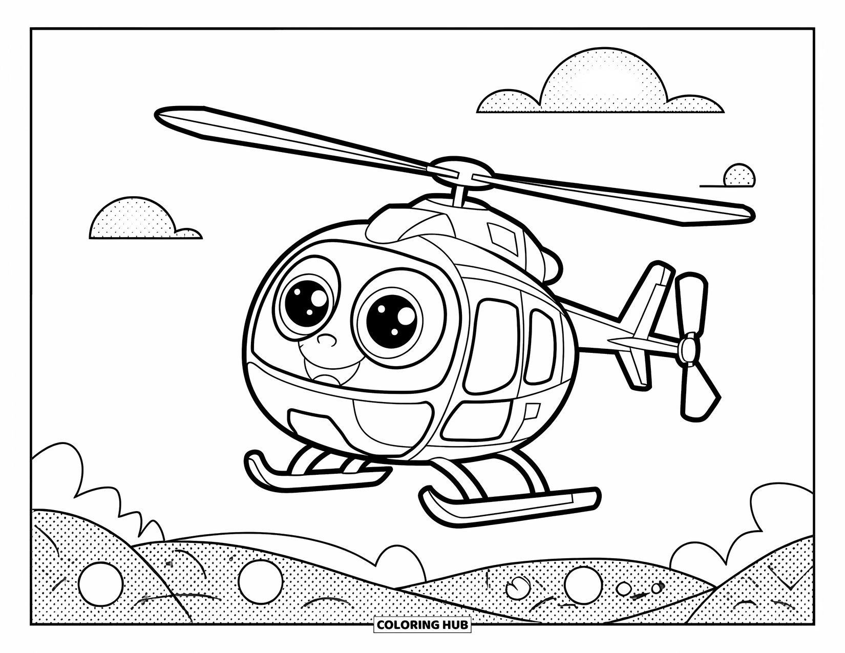 Helicopter Coloring Page for Kids: A friendly helicopter with a cheerful face and fixed landing gear, soaring through the sky