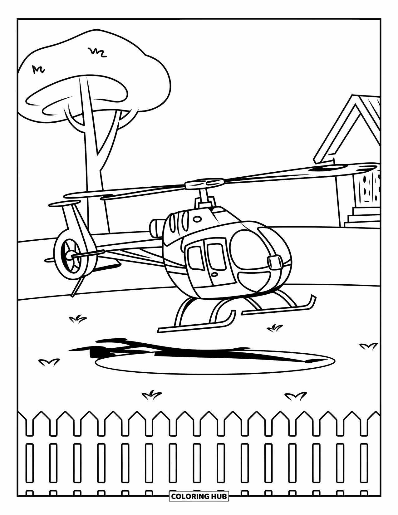 Helicopter Coloring Page for Kids: A friendly helicopter with a large propeller, resting near a picket fence in a peaceful setting