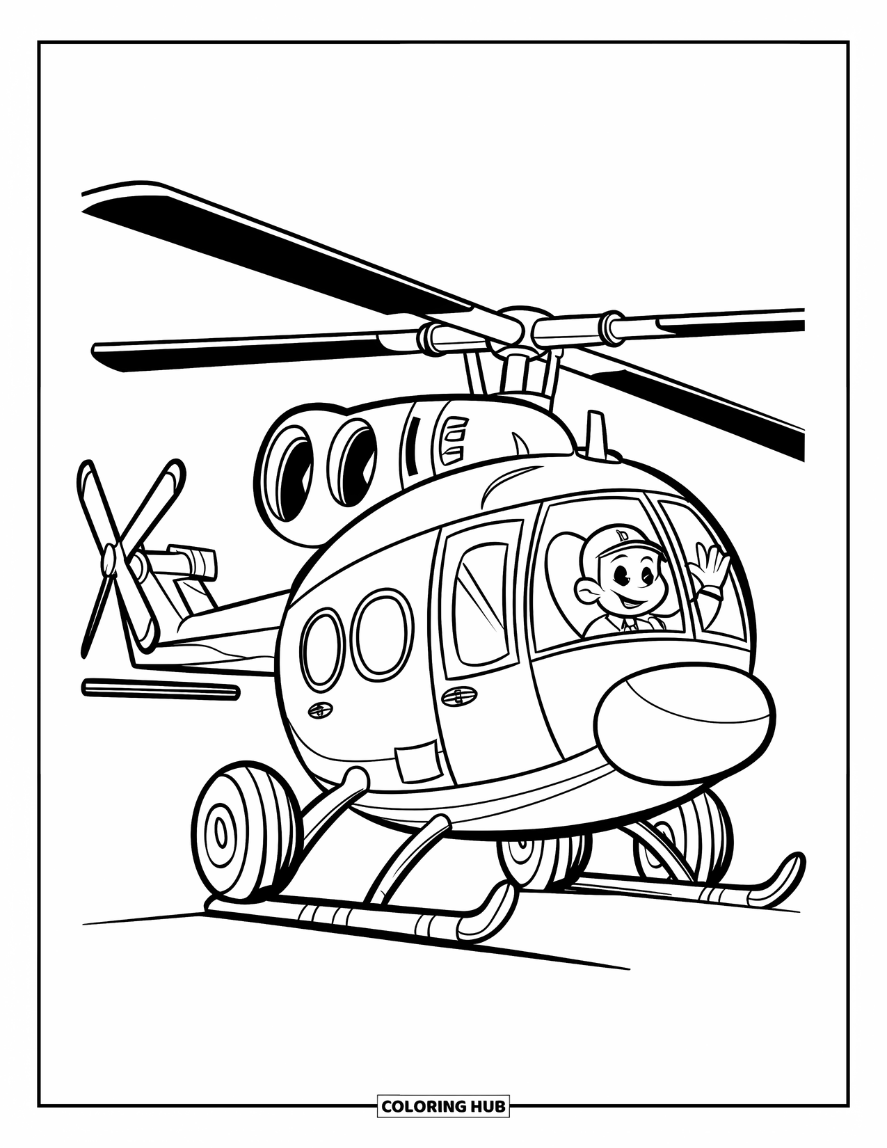 Helicopter Coloring Page for Kids: A friendly helicopter with large wheels and a smiling pilot, parked on the ground