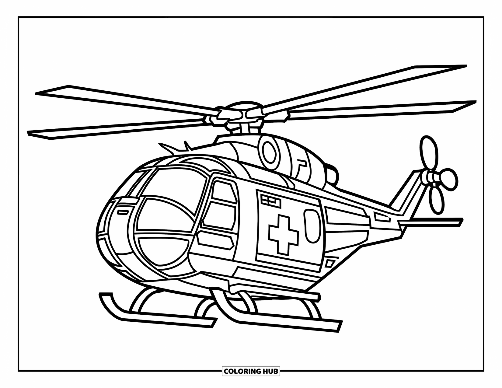 Helicopter Coloring Page for Kids: A friendly rescue helicopter with large windows and bold stripes, soaring high in the air
