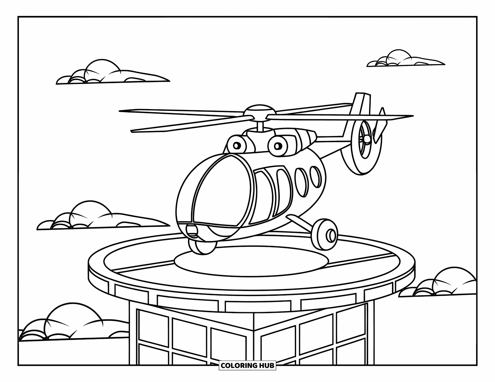 Helicopter Coloring Page for Kids: A futuristic helicopter lands on a helipad atop a glass tower, with clouds in the background