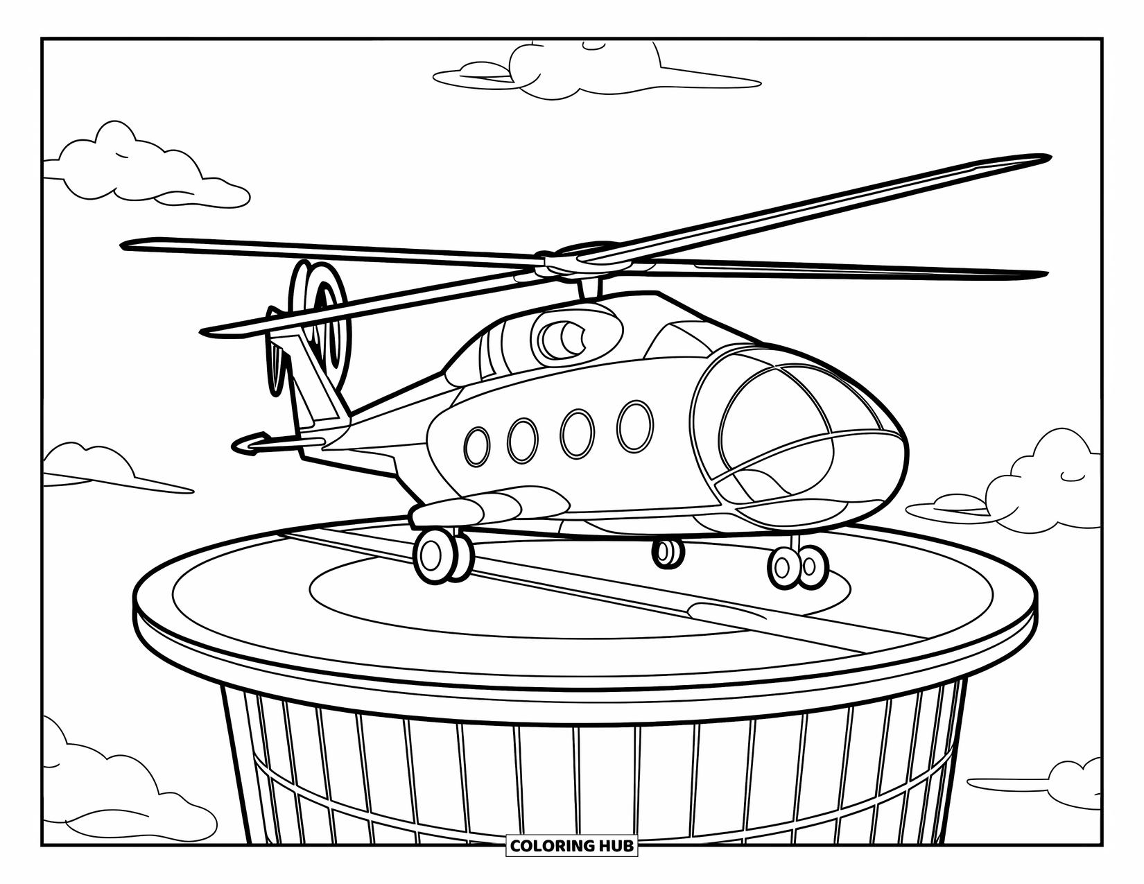 Helicopter Coloring Page for Kids: A futuristic helicopter with large round windows lands on a tower under a cloudy sky