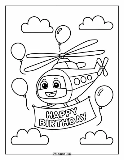 Fargeleggingsark med helikopter for barn: Et gledelig helikopter som holder et "Happy Birthday"-banner, og driver mellom skyer og ballonger