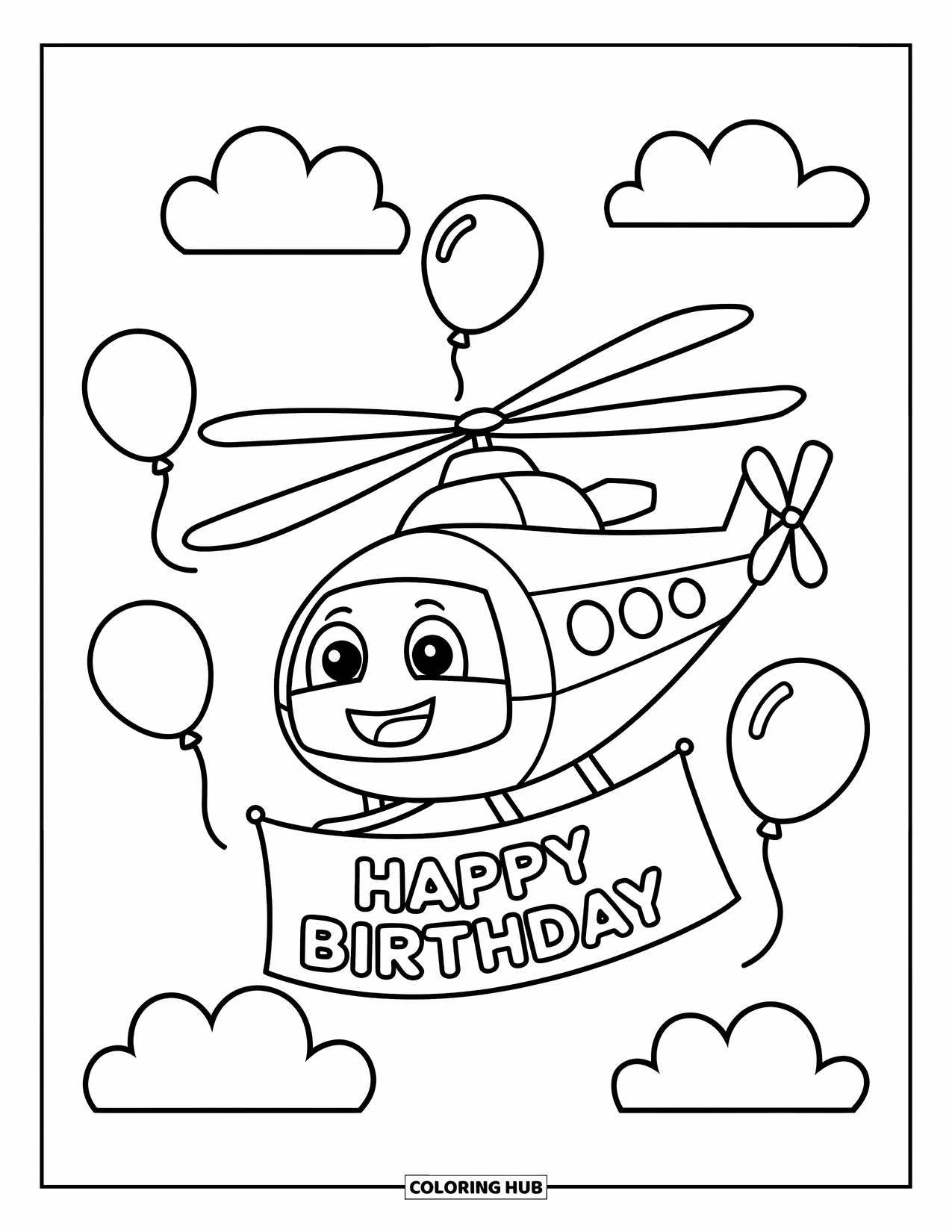 Helicopter Coloring Page for Kids: A happy helicopter holding a "Happy Birthday" banner, drifting among clouds and balloons