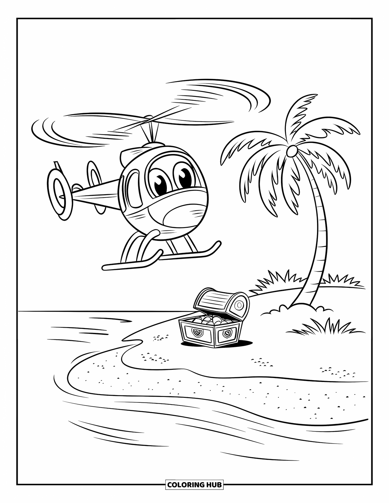 Helicopter Coloring Page for Kids: A helicopter approaches a treasure chest on a tropical island surrounded by ocean waves