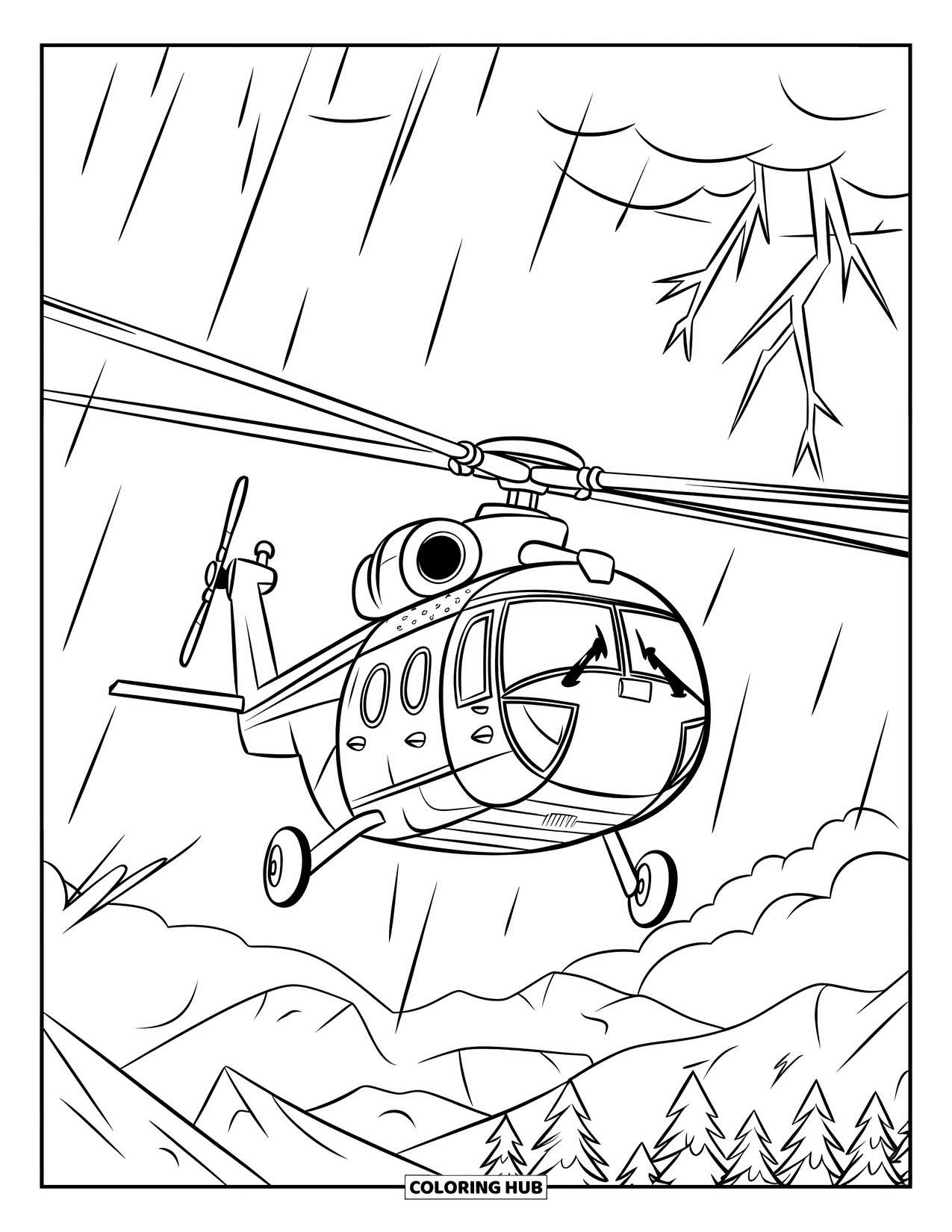 Helicopter Coloring Page for Kids: A helicopter battles fierce winds and rain in the middle of a raging storm