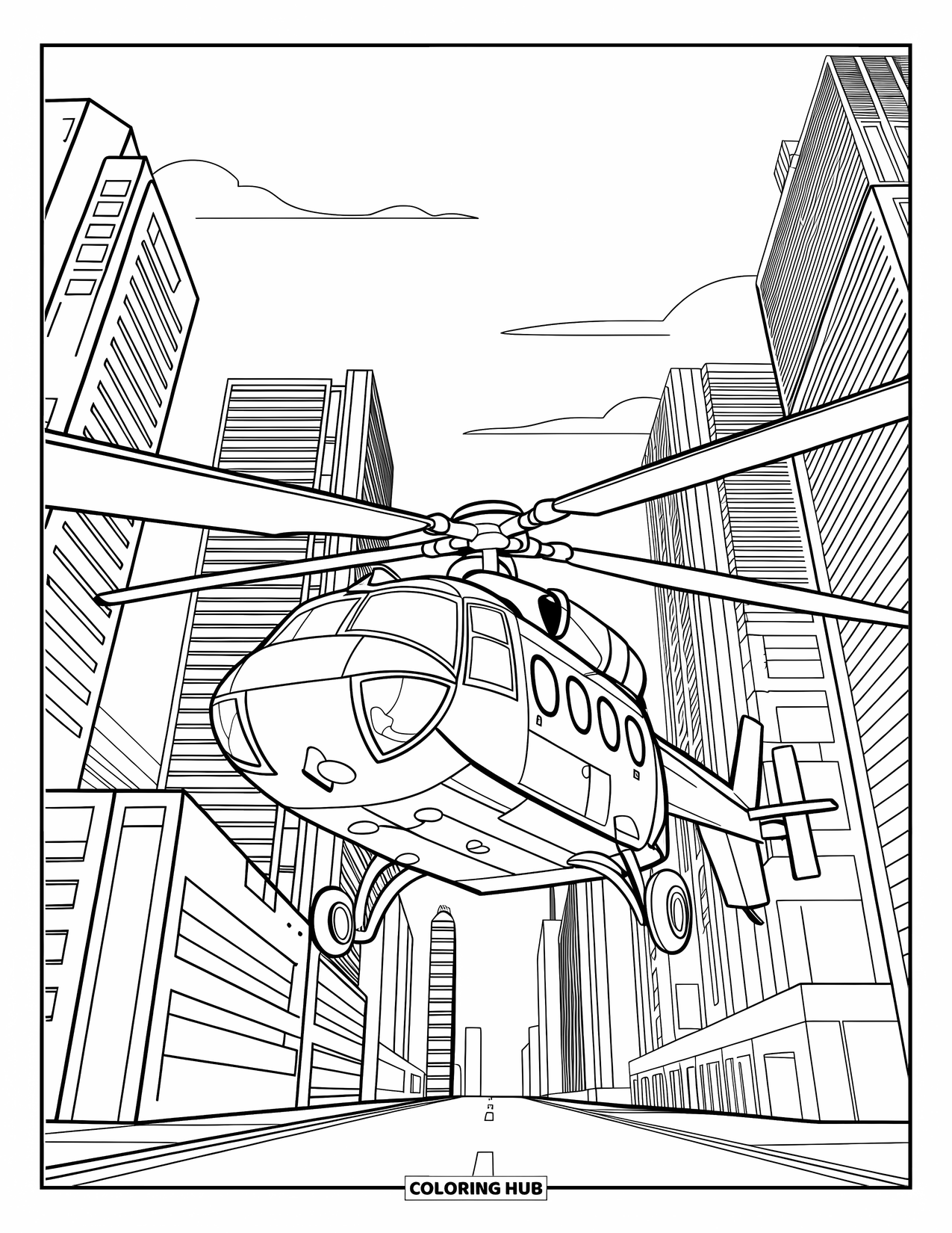 Helicopter Coloring Page for Kids: A helicopter carrying passengers flies between skyscrapers, with vents and windows lining the buildings