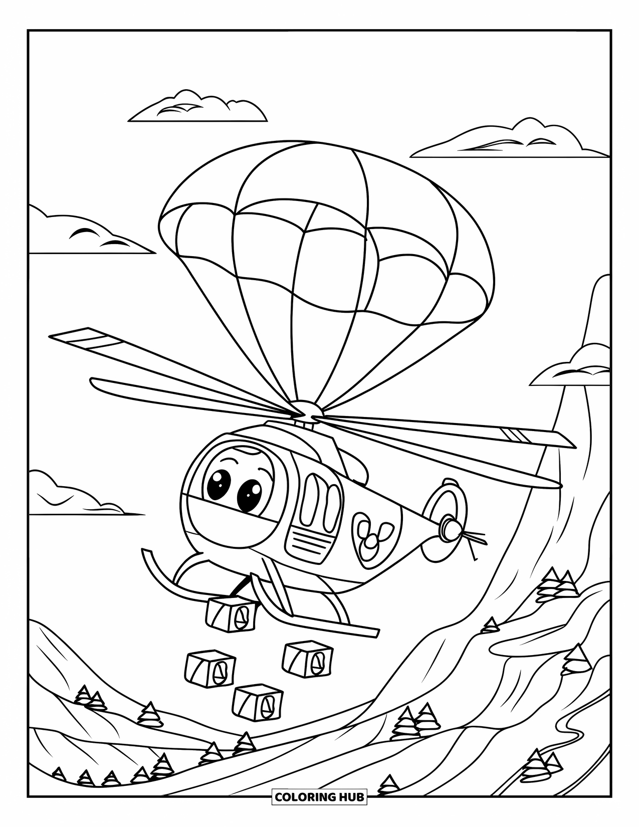 Helicopter Coloring Page for Kids: A helicopter delivering supply boxes with parachutes over a hilly, green landscape