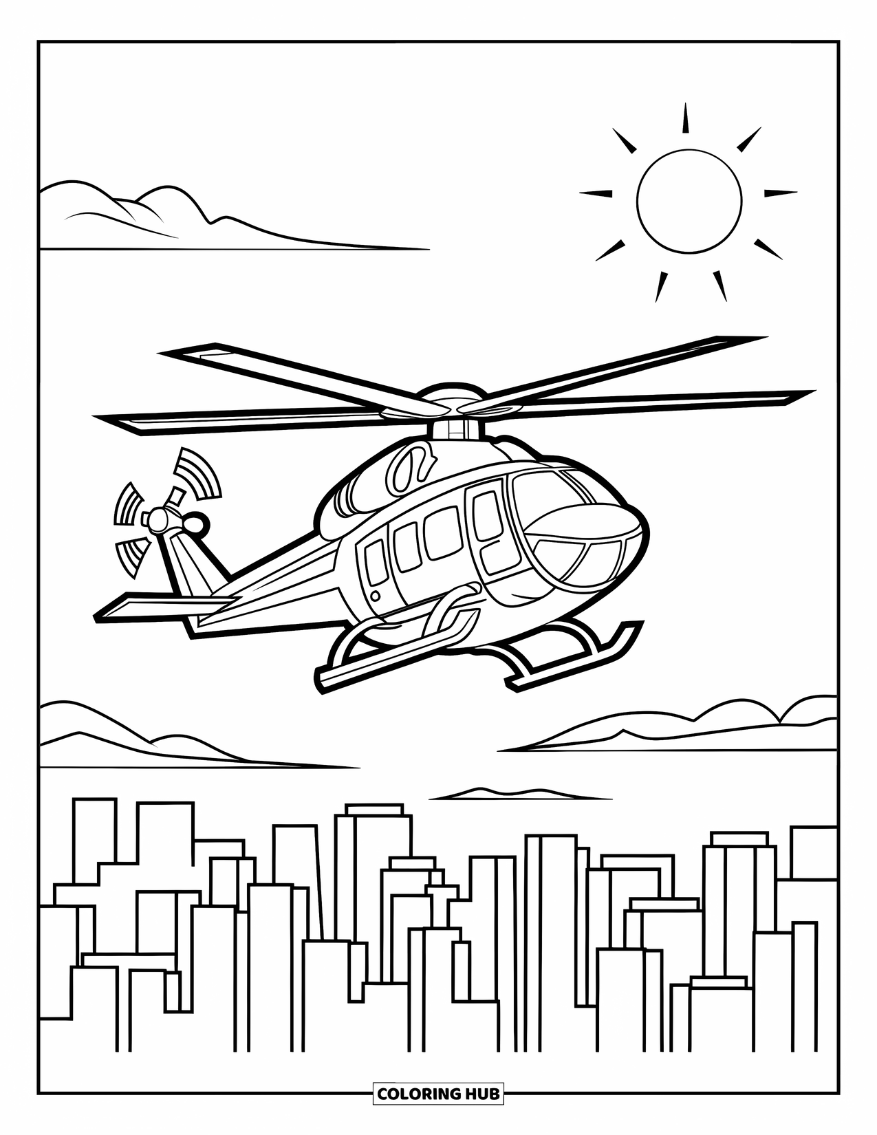 Helicopter Coloring Page for Kids: A helicopter flies over a city skyline at dusk, with clouds and a glowing sun above