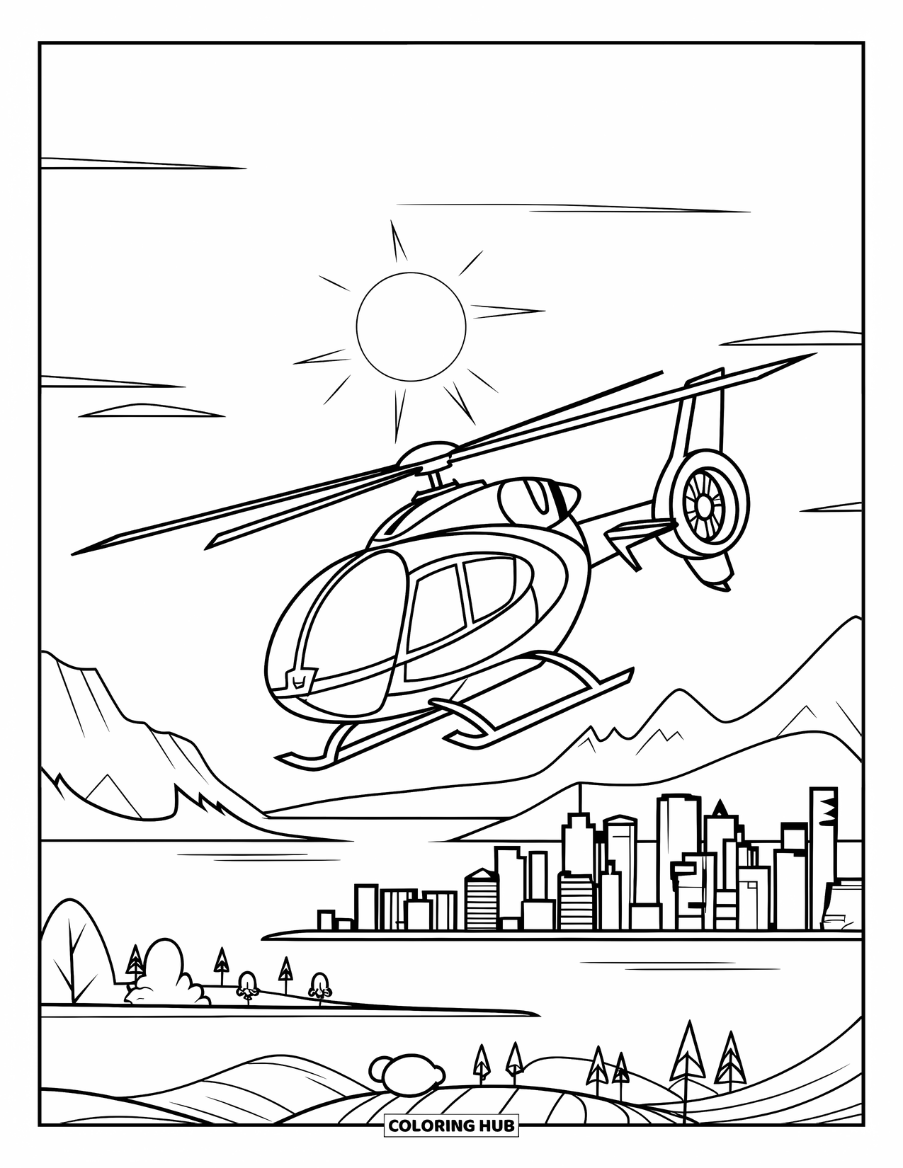 Helicopter Coloring Page for Kids: A helicopter flies over a city with a glowing sun and mountains in the background