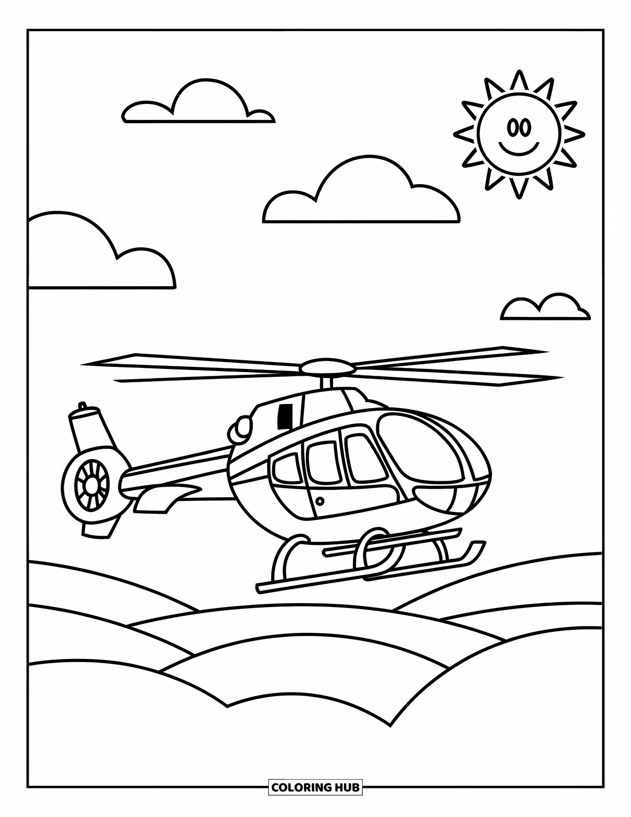 Helicopter Coloring Page for Kids: A helicopter flies through a sky filled with fluffy clouds and a smiling sun