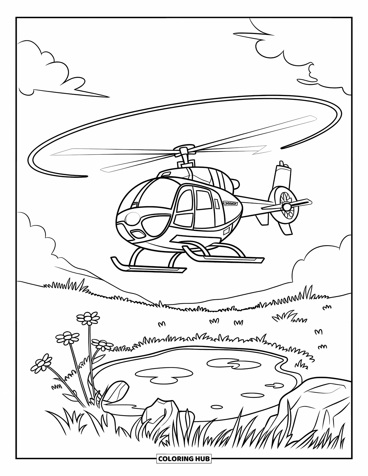 Helicopter Coloring Page for Kids: A helicopter floating over a field, with flowers, rocks, and a pond beneath it