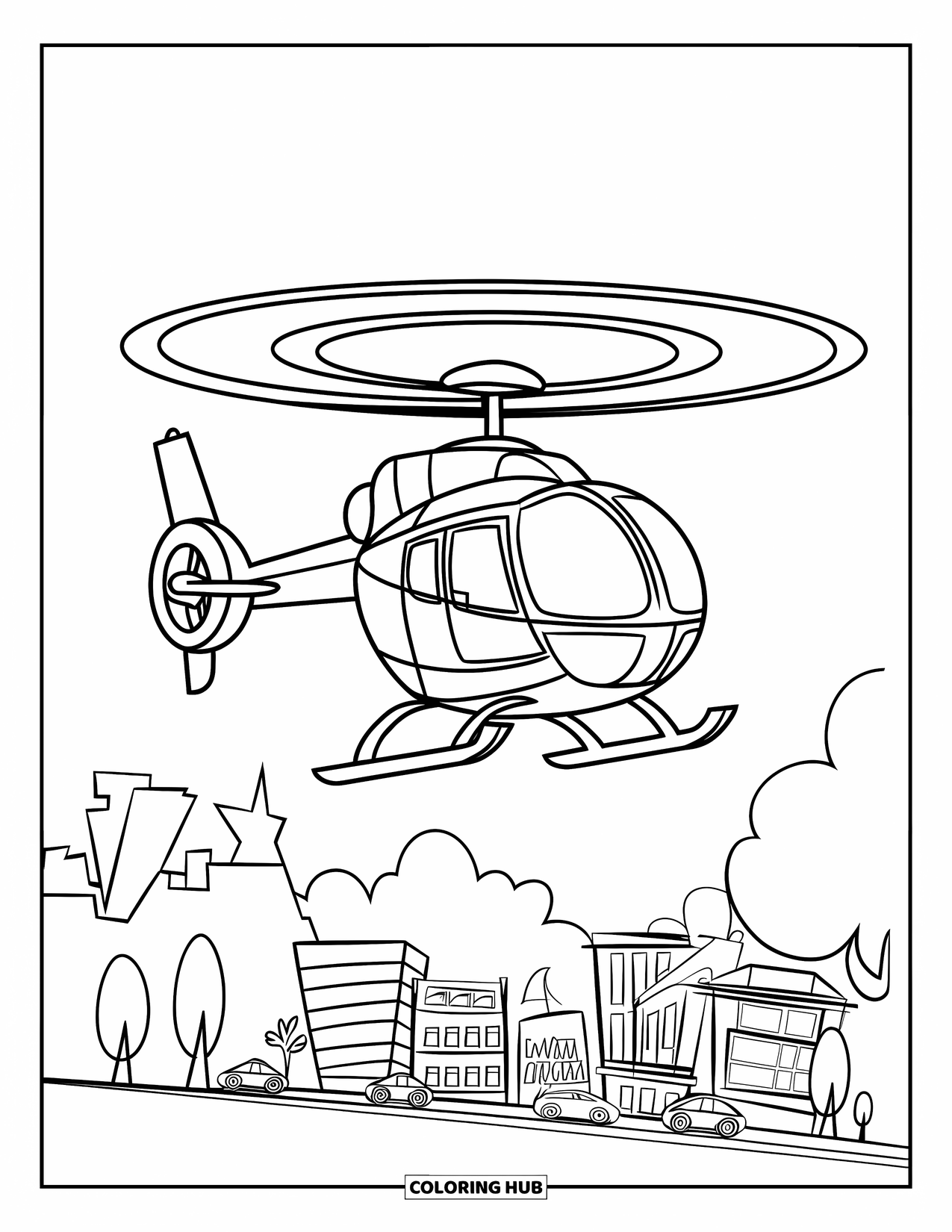 Helicopter Coloring Page for Kids: A helicopter flying above a cityscape, with buildings, cars, and trees below