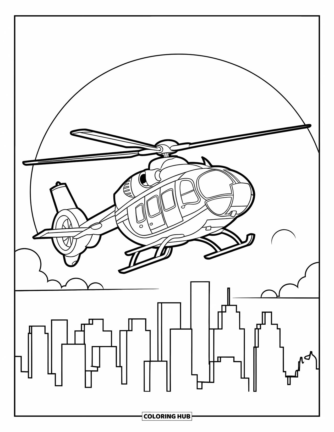 Helicopter Coloring Page for Kids: A helicopter glides over a city skyline at sunset, surrounded by bold outlines of buildings
