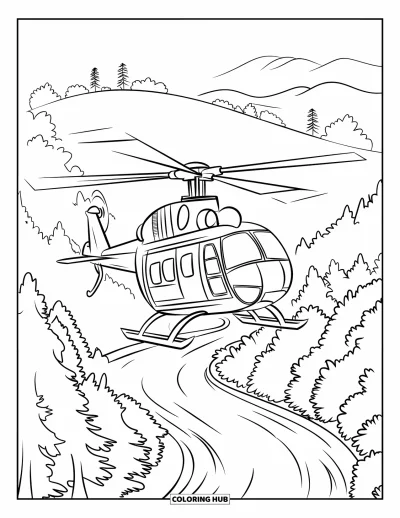 Fargeleggingsark med helikopter for barn: Et helikopter som svever over en skog, med en elv som slynger seg gjennom bakgrunnen