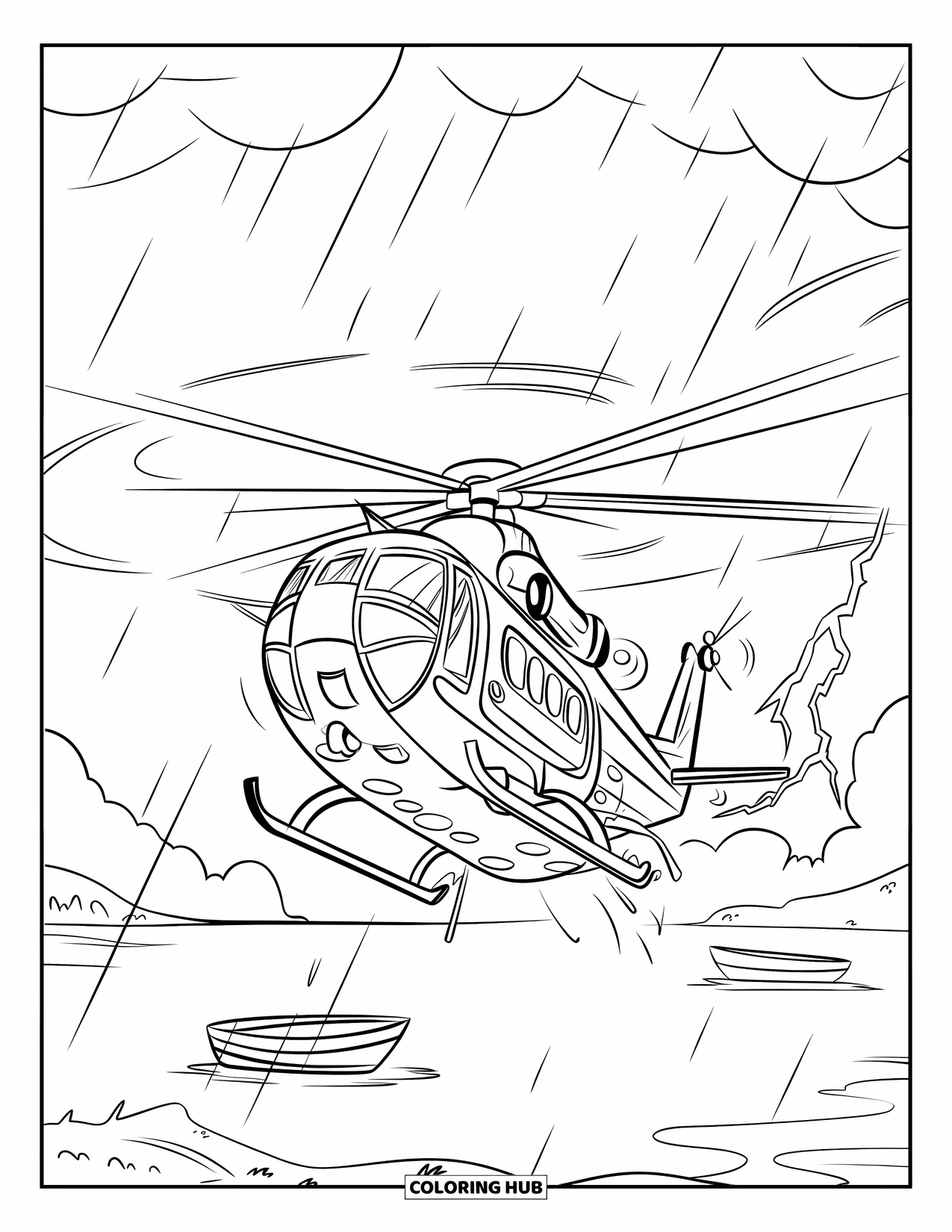 Helicopter Coloring Page for Kids: A helicopter hovers over stormy waters, battling rain and lightning as boats drift below