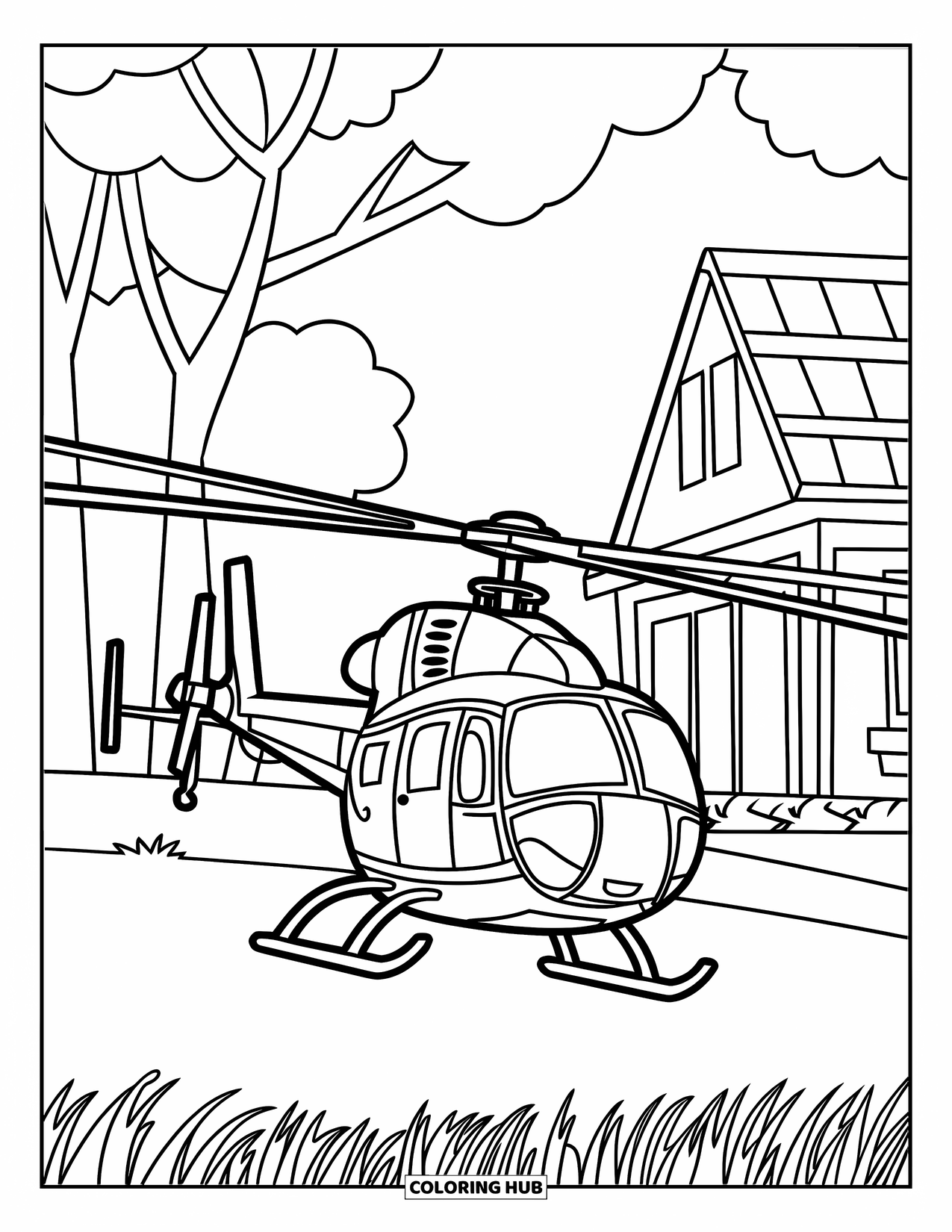 Helicopter Coloring Page for Kids: A helicopter landing on a grassy field with a tree and a small house in the background