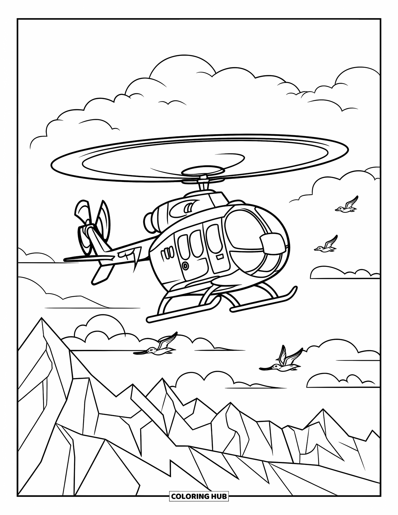 Helicopter Coloring Page for Kids: A helicopter navigating over mountains, with small birds flying alongside it