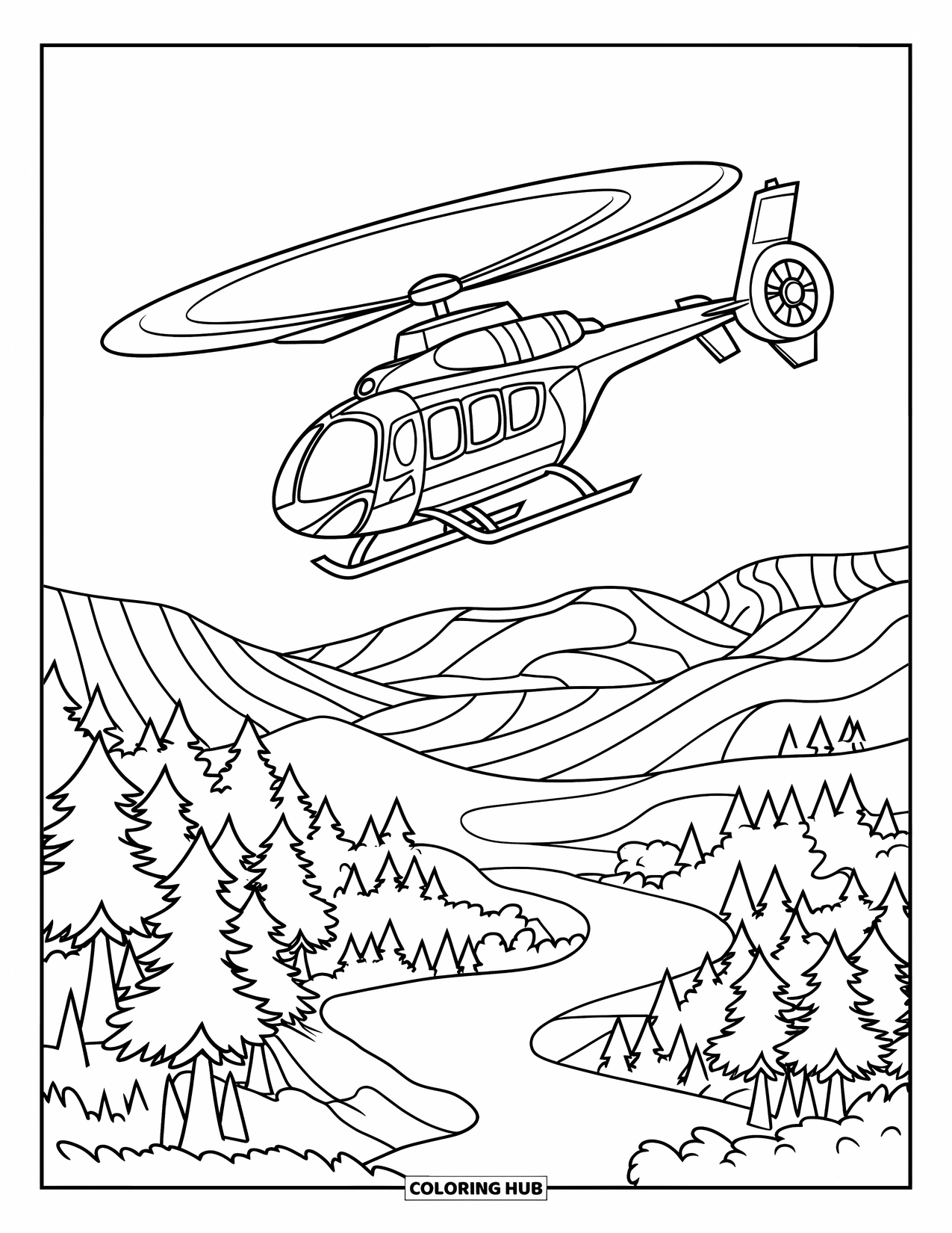 Helicopter Coloring Page for Kids: A helicopter soaring above a forest landscape, with a winding river below
