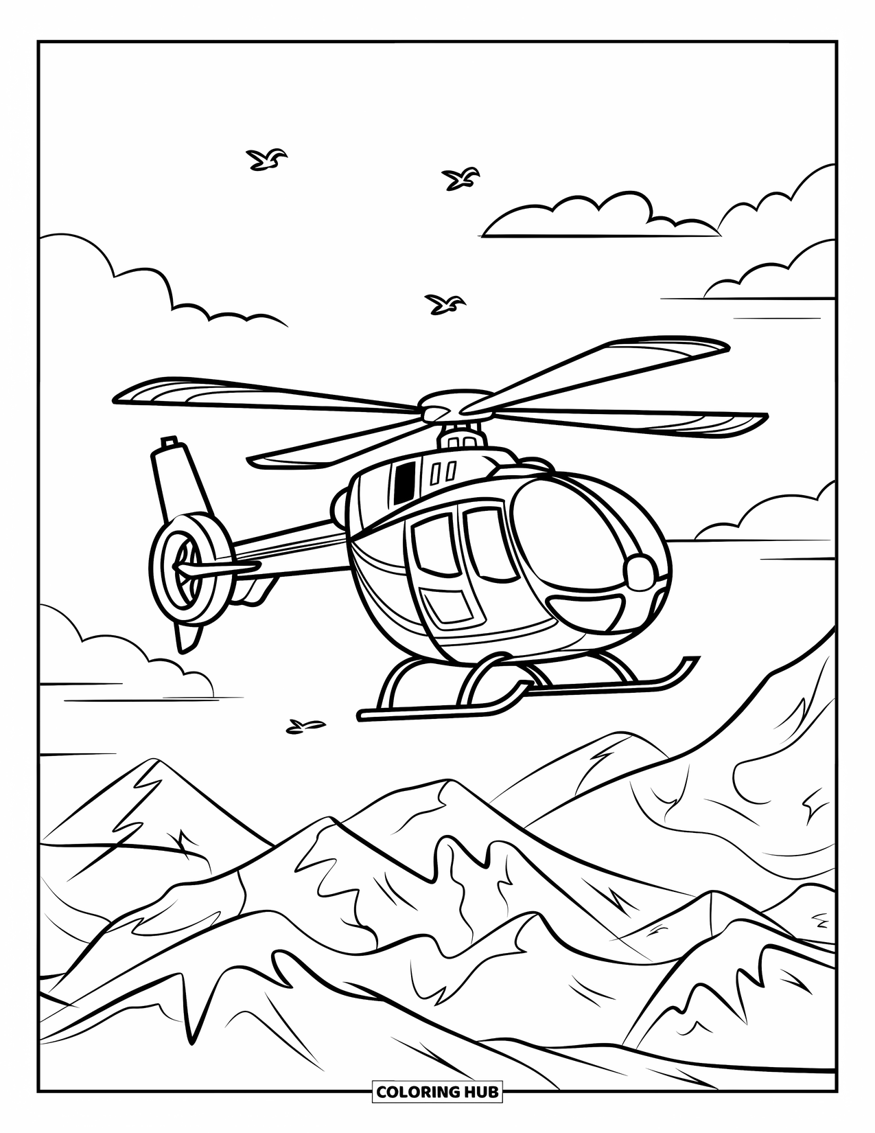 Helicopter Coloring Page for Kids: A helicopter soaring above a mountain range, with birds and clouds surrounding it