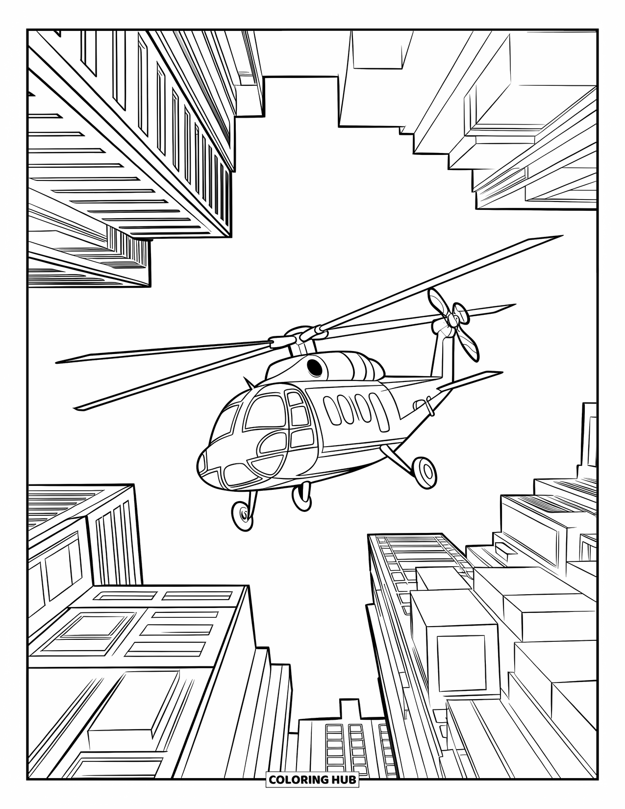 Helicopter Coloring Page for Kids: A helicopter soars above rooftops, weaving between tall skyscrapers in a city skyline