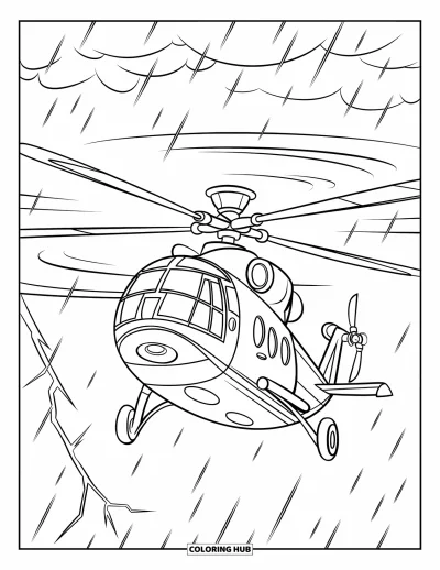 Fargeleggingsark med helikopter for barn: Et helikopter som seiler gjennom en stormfull himmel, omgitt av mørke skyer og blinkende lyn