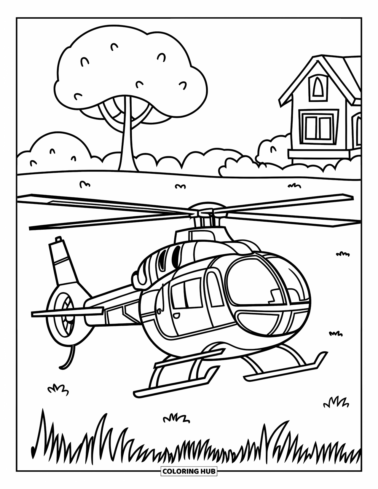 Helicopter Coloring Page for Kids: A helicopter touches down on a grassy field, with a tree and a small house in the background