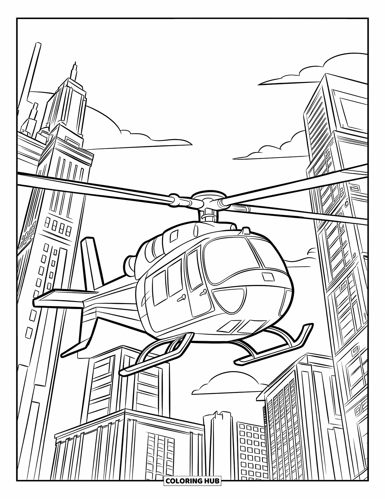 Helicopter Coloring Page for Kids: A helicopter with a large rotor glides between skyscrapers, with clouds drifting in the background