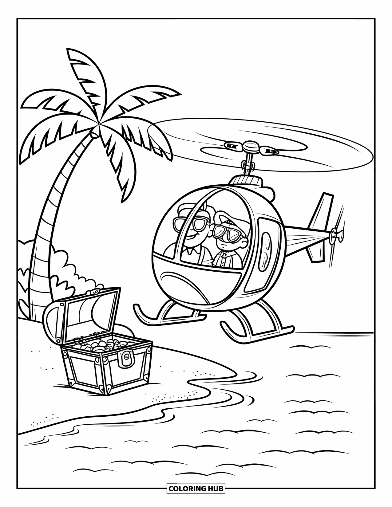 Helicopter Coloring Page for Kids: A helicopter with aviator pilots flies toward a treasure chest on a palm-covered island