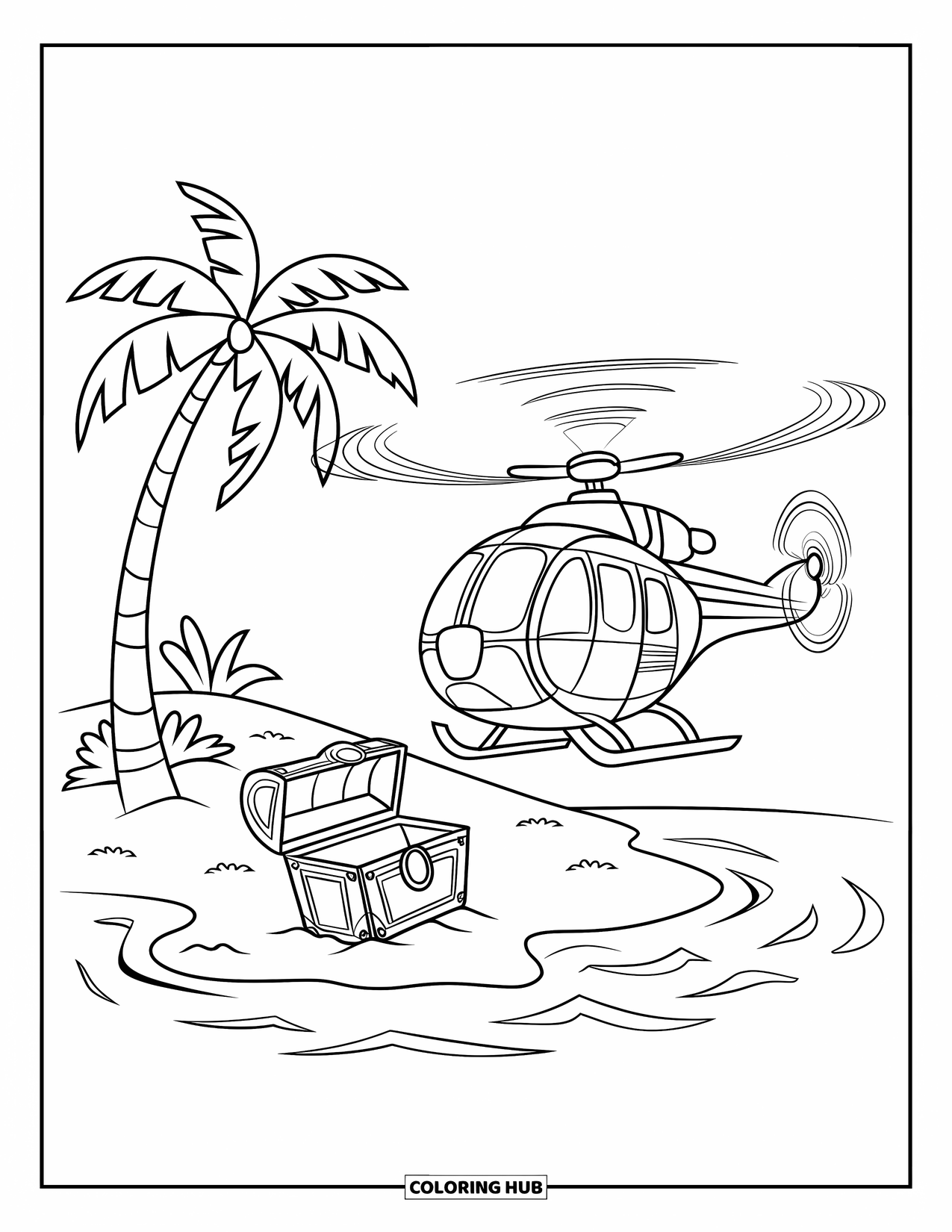 Helicopter Coloring Page for Kids: A helicopter with spinning rotors flies toward a buried treasure chest on a sandy island